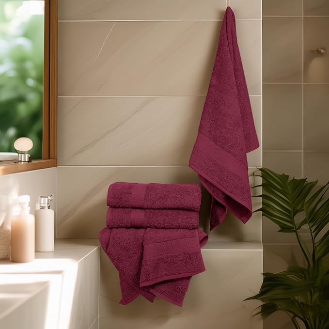 Premium Bath Towel Set - 24 x 48 Pack of 6 100% Cotton Terry Towels for Bathroom - Quick Dry - Highly Absorbent - Soft Feel - Pool - Spa - Gym - Hand Towel for Daily Use - Burgundy