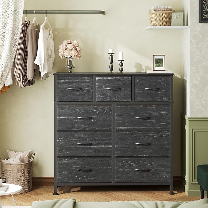 OLIXIS 9 Drawer Storage Dresser with Wood Top - Wide Fabric Chest Organizer for Bedroom, Closet, Living Room,Tower Cabinet, TV Stand, Hallway Entryway Furniture,Black Wood Grain