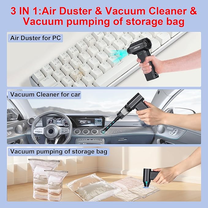 JVSCAM Compressed Air Duster,150000RPM Electric Air Duster, Vacuum Cleaner & Bag Vacuum 3-in-1, Rechargeable with 3-Gear Adjustable Wind Speed for Keyboard,Computer,Car,Home and Storage Bag Sealing
