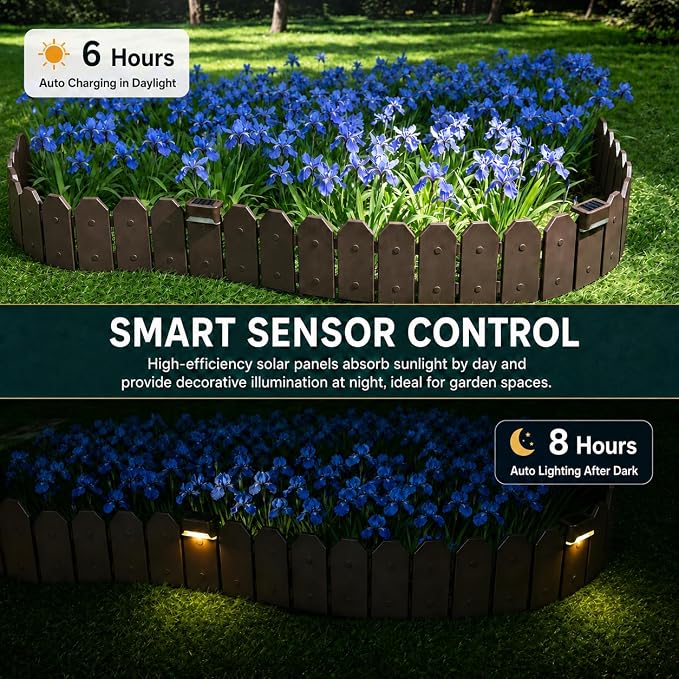 Garden Border Edging: 3-Panel Solar Expansion Set with 3 LED Lights - Wooden Grain Fence Dog Ear Design - Landscaping Fence Liner Lawn Edge Barrier - Decorative Lawn Landscape Panels Elements