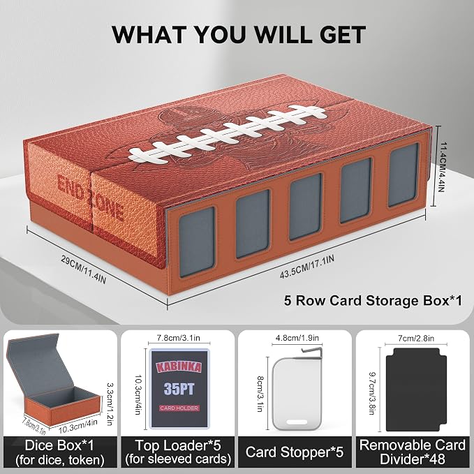 Kabinka Football Card Storage Box with Window Display, 5-Row Sport Card Storage Box, 3900+ Card Deck Box for Football Sports Card TCG, 5 Top Loaders, 5 Stoppers, 48 Dividers, 1 Dice Tray(Football 1)
