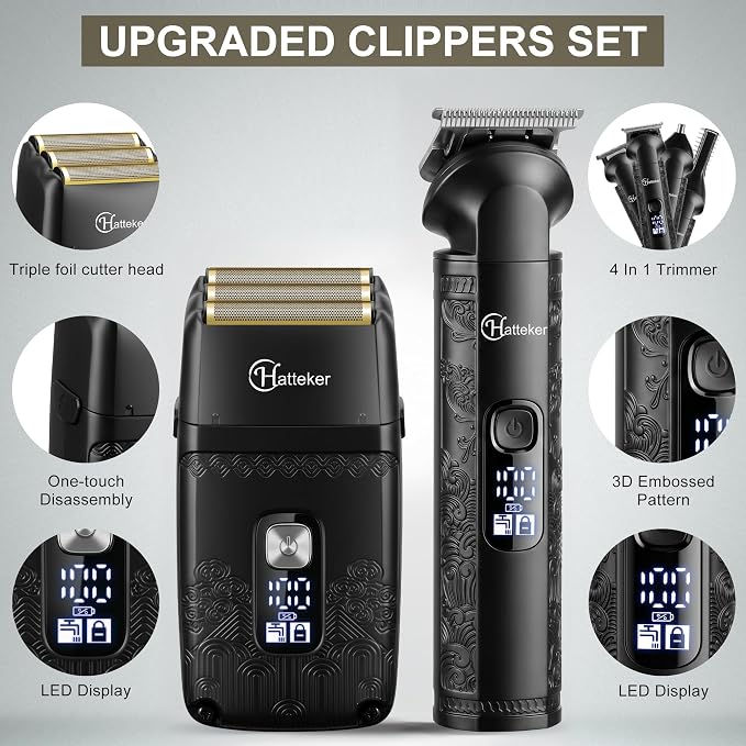 Hatteker Professional Hair Clipper Electric Razor Foil Shavers for Men Body Nose Ear Hair Grooming Kit with Triple Blades Cordless Waterproof