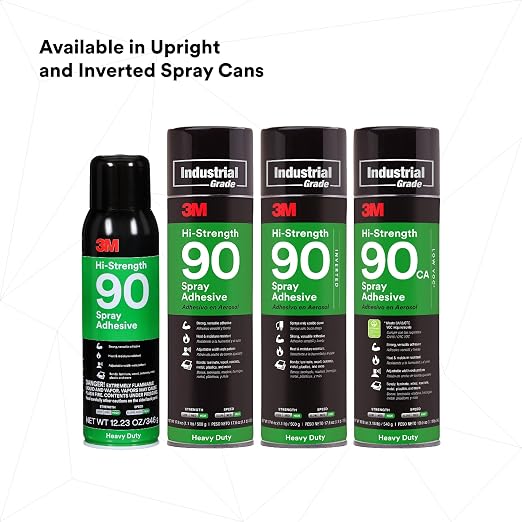 3M Hi-Strength 90 Spray Adhesive, Permanent, Bonds Laminate, Wood, Concrete, Metal, Plastic, Clear Glue, Net Wt 17.6 oz, Will Spray Upside Down Only