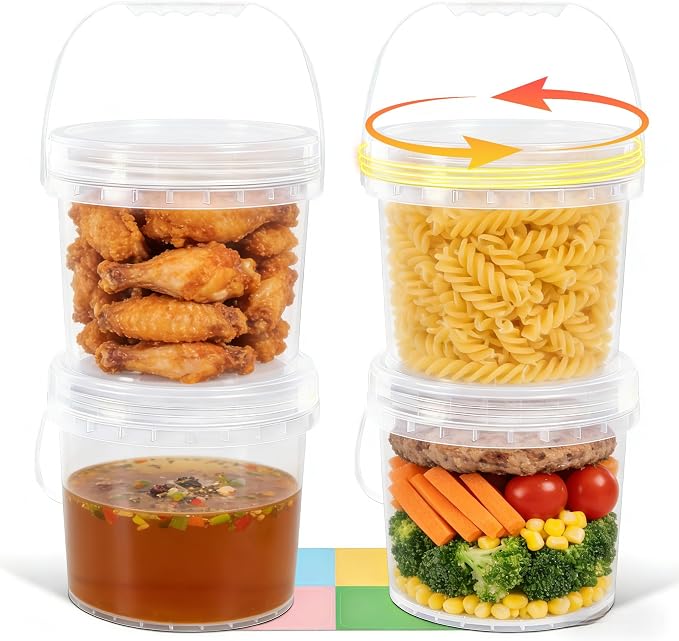 4 Pack 1 Gallon Food Grade Plastic Buckets with Screw Lids & Handle, Reusable Storage Containers for Snacks, Salad, Sauce - Clear Freezer Safe Bucket Set