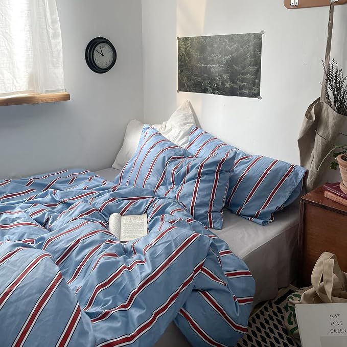mixinni Vintage Striped Blue Duvet Cover Twin XL - 100% Cotton Red Stripes 3-Piece Bedding Duvet Cover Set with Zipper Closure, Soft & Breathable Retro Design for All Seasons (Twin XL Size)