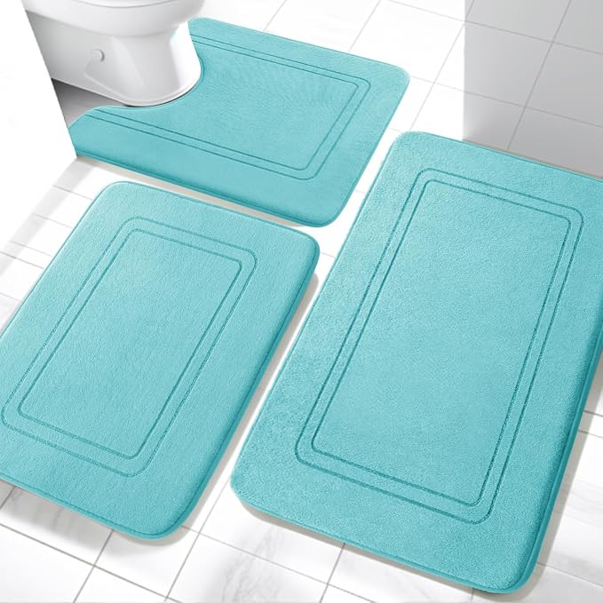 YIHOUSE Memory Foam Bath Mat Set, Bathroom Rugs Sets 3 Pieces, Non Slip Bath Mats for Bathroom, Super Soft and Water Absorbent Bath Rug Sets, Machine Washable U Shape Toilet Mats Set,Teal