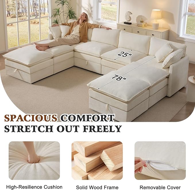 Ihanherry 135” Oversized Sectional Sofa Bed with Storage, 8-Seater Modular Cloud Couch with Movable Ottomans, Chenille Deep Seat Sleeper Couches for Living Room (Beige)