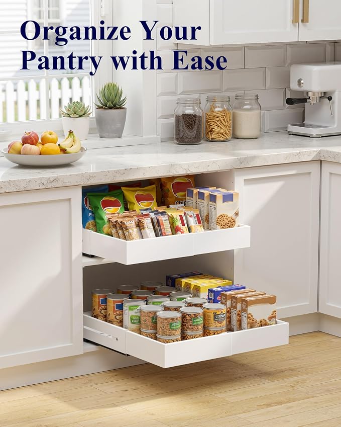 Kitsure Pull Out Cabinet Organizer - 2 Pack(12.6"-21" D x 12"-20.4" W) Expandable Sliding Cabinet Shelves, Smooth Glide Drawer Organizer, Kitchen & Pantry Storage, Framed & Frameless Cabinets