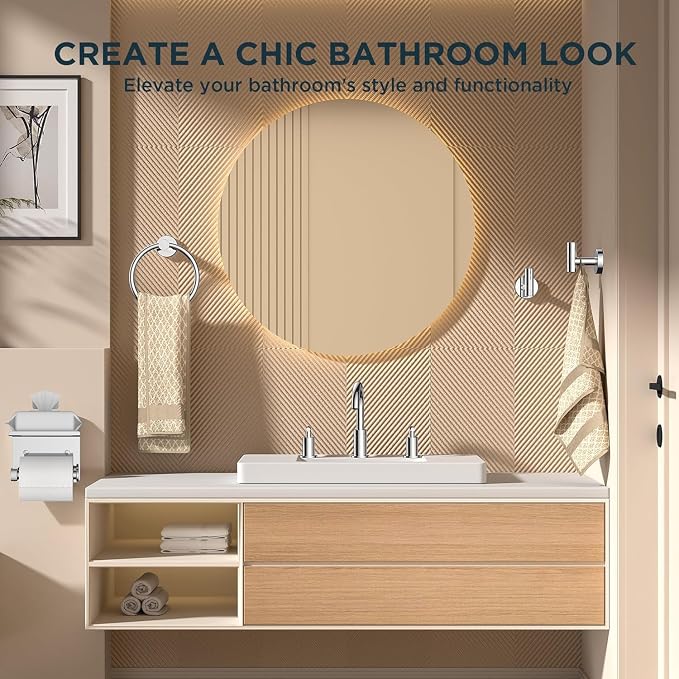 FORIOUS Bathroom Hardware Accessories Set, SUS304 Stainless Steel 24 Inch Towel Bar Set Wall Mounted, Modern Toilet Paper Holder with Shelf for Bathroom, 5 Pieces, Chrome