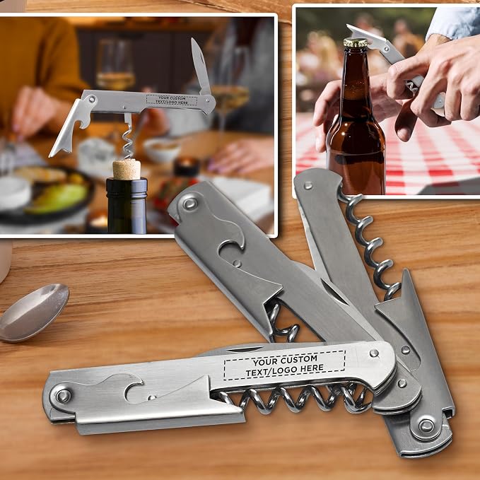 100 Valencia Stainless Steel Wine Bottle Openers Set - Customizable Text, Logo - Corkscrew, Serrated knife, Perfect for Bars - Silver