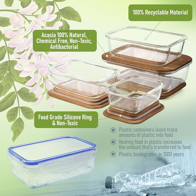 Glass Container Set with Acacia Lids - 4 Stackable Meal Prep Containers. Durable heat resistant Inert Borosilicate Glass