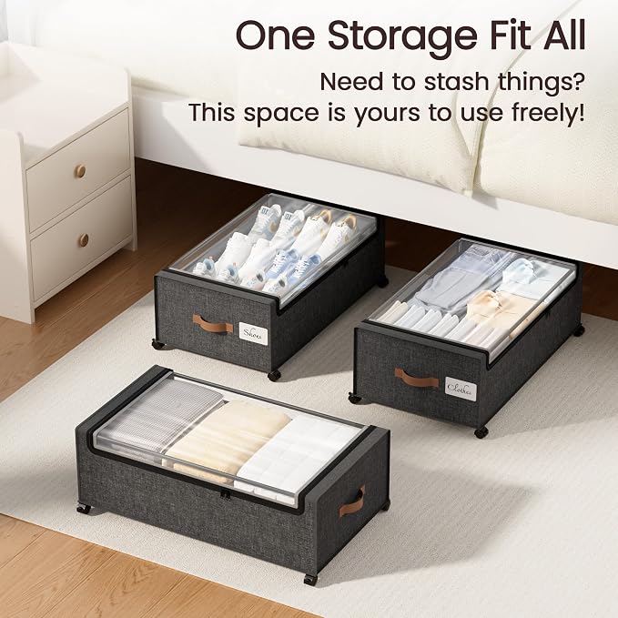 Yecaye 95L Under Bed Storage Containers, Fits 11" Under Bed, 2 Pack, Grey | XXL Capacity, 360° Rolling Wheels, Sturdy Metal Frame, Clear Window & Label, Storage Bins for Clothes, Shoes, Blankets