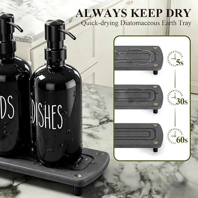 Cisily Black Soap Dispenser Set with Ceramics Sponge Holder, Kitchen Decor | Black Stainless Steel Pumps, Instant Dry Tray