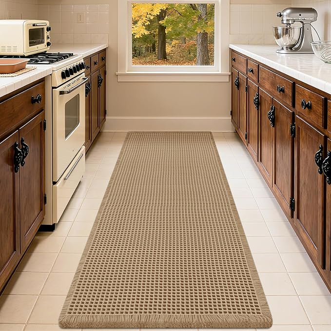Extra Large Waffle Bath Mat Beige 6'x2'(72" x 24"), Boho Woven Modern Bath Mat Rugs, Absorbent Non Slip Bathroom Rugs, Soft Washable Bath Rugs with Tassels for Bathroom, Bedroom, Kitchen, Shower, Tub