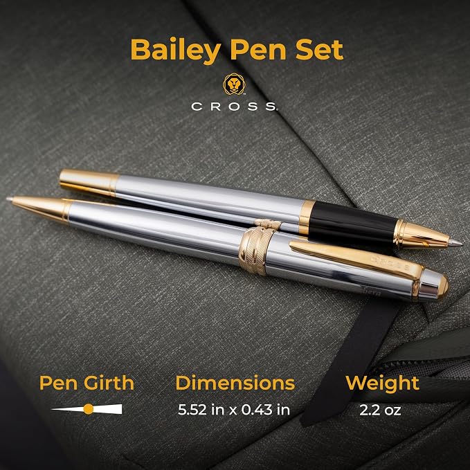 Cross Bailey Medalist Engraved Rollerball and Ballpoint Pen Set, Chrome with 23K Gold Trim, Personalized Gift for Graduation, Retirement, Career Advancement, Executives, Cross Gift Box Included