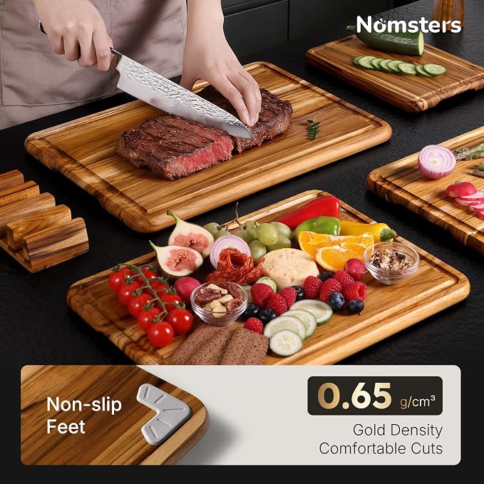 Teak Cutting Boards for Kitchen 4 Pack Wooden Wood Chopping Board Non Toxic | Heavy Duty, Non Toxic Slip, Solid Thick, Wood Haus Chopping Board, Extra Large Big Small, Meat Best, Wooden Charcuterie Board