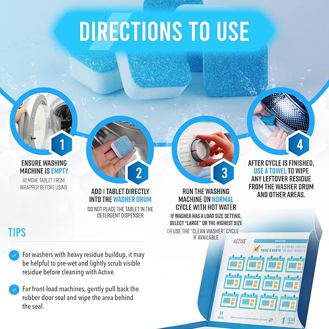 ACTIVE Automatic Toilet Bowl Cleaner and Washing Machine Cleaner - Includes 12ct Toilet Bowl Cleaning Tablets and 24ct Washer Cleaning Tablets