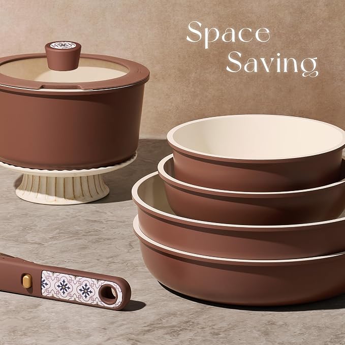 CAROTE 19Pcs Ceramic Cookware Set, Pots and Pans Set Non stick, Non Toxic Cookware Detachable Handle, Kitchen Cooking Set - Induction Cookware, Dishwasher/Oven Safe, PFAS Free, Chocolate