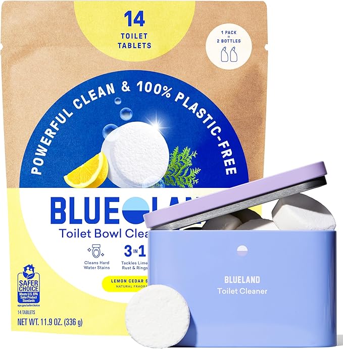 BLUELAND Toilet Bowl Cleaner Tablets, 14 Count (Pack of 1), Lemon Cedar, Plastic-Free, No Harsh Chemicals, Plant-Based, Septic-Safe, Removes Lime, Rust, Hard Water and Toilet Ring Stains