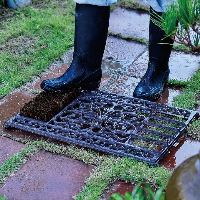 Sungmor Outdoor Cast Iron Doormat, Vintage Boot Scraper with Brushes, Rustic Brown Rectangle Shoe Scraper Mat, 22.8" Heavy Duty Decorative Shoe Cleaning Mat for Front Door, Entrance, Garden