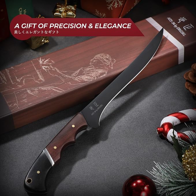 DRGSKL Boning Knife 7 inch - Brisket Trimming Knives for Meat Cutting | Japanese ATS-34 Steel, Full Tang, Ergonomic Walnut Handle, Precision Cutting, Gift Box
