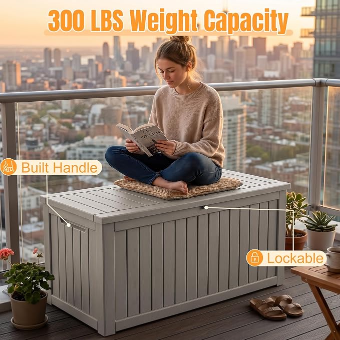 Outdoor Storage Box, 360 Gallon Waterproof Resin Deck Box with Support Rod | UV Resistant Lockable Package Delivery Bin, Shoe, Patio & Garden Tools Storage, Toy Cabinet, Ottoman, Indoor/Outdoor