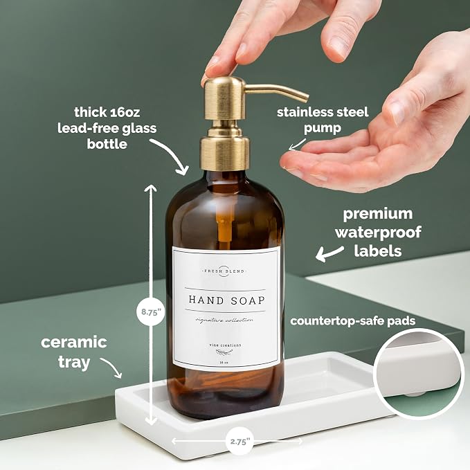 Vine Creations Amber Glass Soap Dispenser, 2 Pack Kitchen Soap Dispenser Set with Ceramic Tray, Stainless Steel Pump, Dish Soap and Hand Soap Dispensers for Bathroom Decor with Waterproof Labels