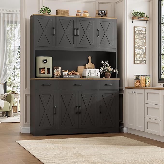 HOSTACK 71" Tall Kitchen Pantry Storage Cabinet, 55" W Kitchen Hutch, Black | Large Pantry Cabinet with Charging Station / Countertop / 3 Drawers, Farmhouse Hutch Cabinet with Storage for Dining Room