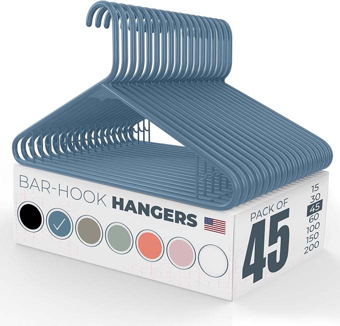 Plastic Hangers 45 Pack – Made in the USA – 6lb Capacity Standard Clothes Hangers with Strap Hooks for Dresses, Lingerie, Shirts, Pants, and Jackets – Blue