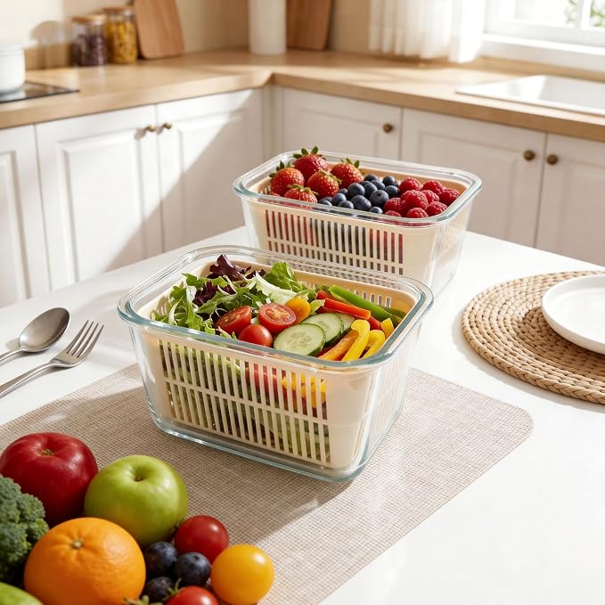 Glass Food Storage Containers with Glass Lids, Microwave Safe Food Container Set, Aitight Meal Prep Container Set, BPA Free, 2 extra Colanders, LeakProof, 2 Pack of 60oz
