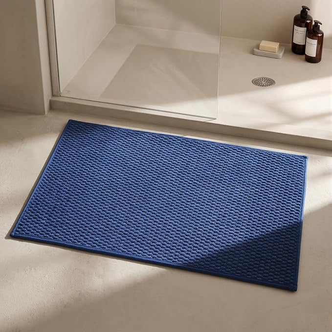 Triohero Bathroom Rugs Non Slip Washable, Super Absorbent Thin Bath Mat Quick Dry Low Pile Bathroom Rug, Navy Blue 24"x36"