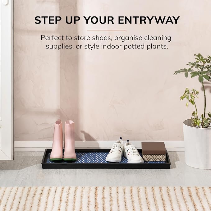 Anji Mountain Rubber Boot Tray with Coir, Fits 3 pair (34.5” wide), Blue & Ivory Insert