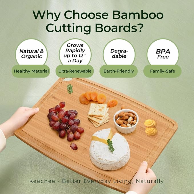 Keechee Dishwasher Safe Bamboo Cutting Boards 15.4x11.7in Heat-Resistant Chopping & Charcuterie Board with Juice Groove, Durable Lightweight Kitchen Essentials for Meat, Vegetables, Easy Clean
