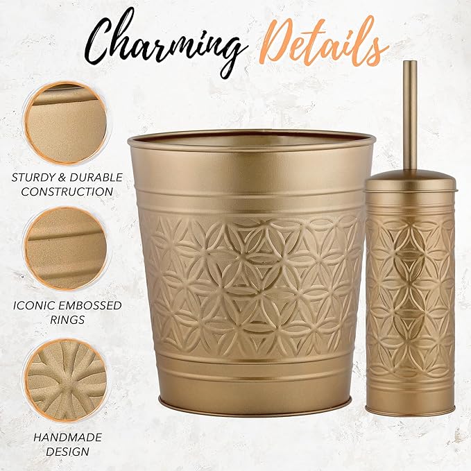 Autumn Alley Farmhouse Antique Gold Bathroom Accessories Set – Includes Gold Bathroom Trash Can & Toilet Brush with Holder, Handcrafted Modern Waste Bin & Standing Toilet Brush, Embossed Metal Décor
