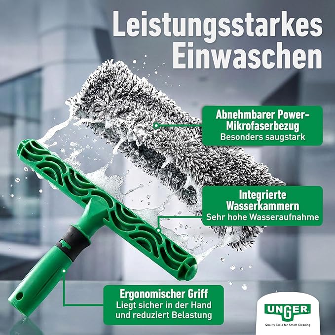 Unger AK015 Window Cleaning Kit PRO Set - Power Washer Sleeve, ErgoTec Squeegee, Bucket 18L, Liquid Glass Cleaner 1L, Safety Glass Scraper, Microfibre Cloth - Professional Window Cleaner, Green