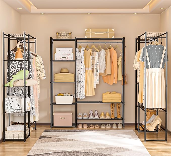 Neprock Wardrobe Closet, Portable Clothing Rack for Hanging Clothes, Free Standing Closet Organizers and Storage System with 4 Tiers Shelves for Cloakroom Bedroom,Black