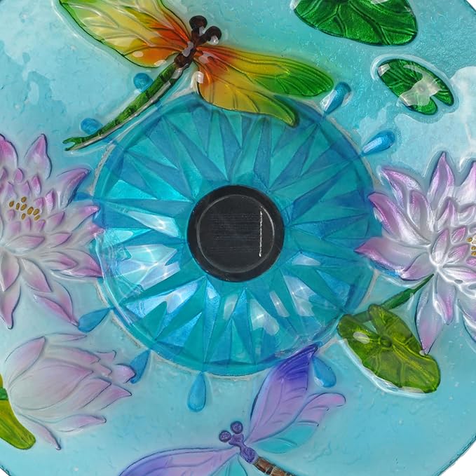 Teamson Home Handpainted Dragonfly Fusion Glass Solar Birdbath Bowl Feeder with LED Light for Outdoor Patio Garden Backyard Decking Decor, 21 Inch Height, Light Blue
