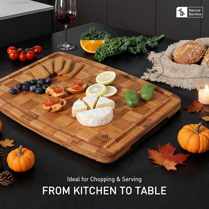 Extra Large Bamboo Wooden Cutting Board Wood Cutting Boards for Kitchen | Heavy Duty, End Grain, Non Toxic, Non Slip, Cutting Board Set, Solid Thick, Juice Groove, Butcher Block, Best Kitchen Gift