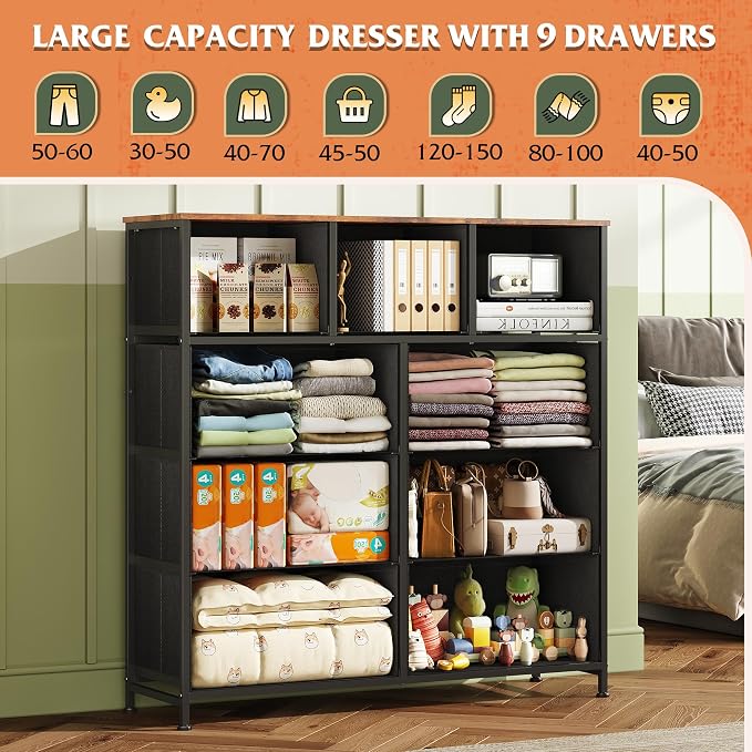 WLIVE 9 Drawer Dresser, Fabric Storage Tower for Bedroom, Hallway, Closet, Tall Chest Organizer Unit for Bedroom with Fabric Bins, Steel Frame, Wood Top, Easy Pull Handle, Pattern