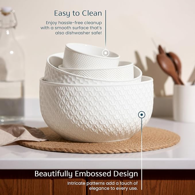 KooK Ceramic Mixing Bowls, Nesting Set of 4, Embossed Kitchen Dishware, Prep, Serving, Gift, Microwave and Dishwasher Safe, 20/44/98/145 oz, Narbonne Collection (Marshmallow)