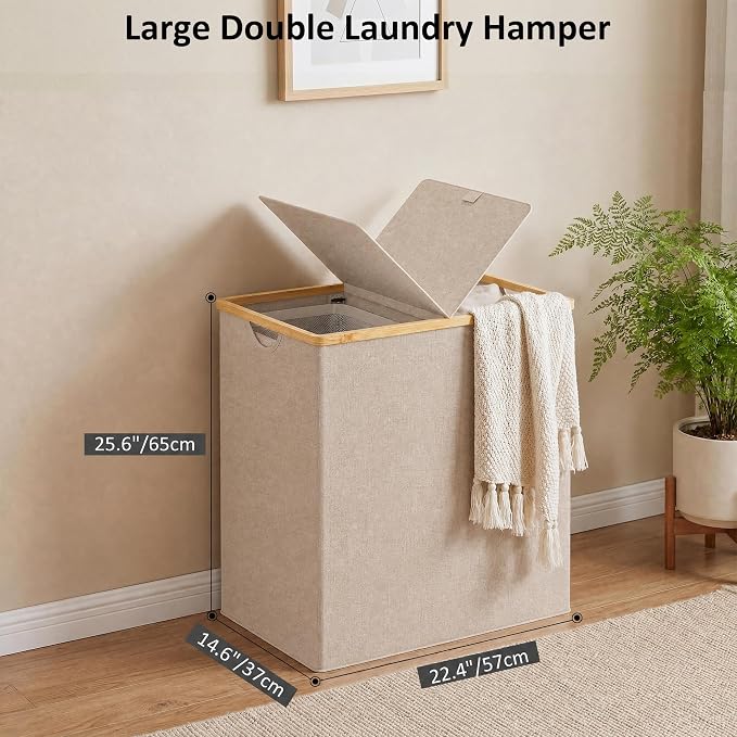 efluky Laundry Hamper with Lid, Double Laundry Basket with 2 Removable Bags, 2 Section Laundry Bin with Bamboo Handles for Bathroom, Bedroom & Laundry Room, 140L (36.9 Gallon) Oat