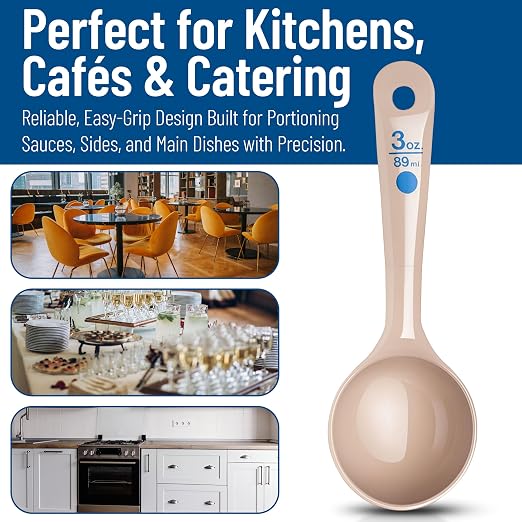 Carlisle FoodService Products 3 Oz Solid Portion Control Spoon – Short Handle Measuring Spoon – Beige Polymer Foodservice Spoon for Commercial Kitchens, (Pack of 12)