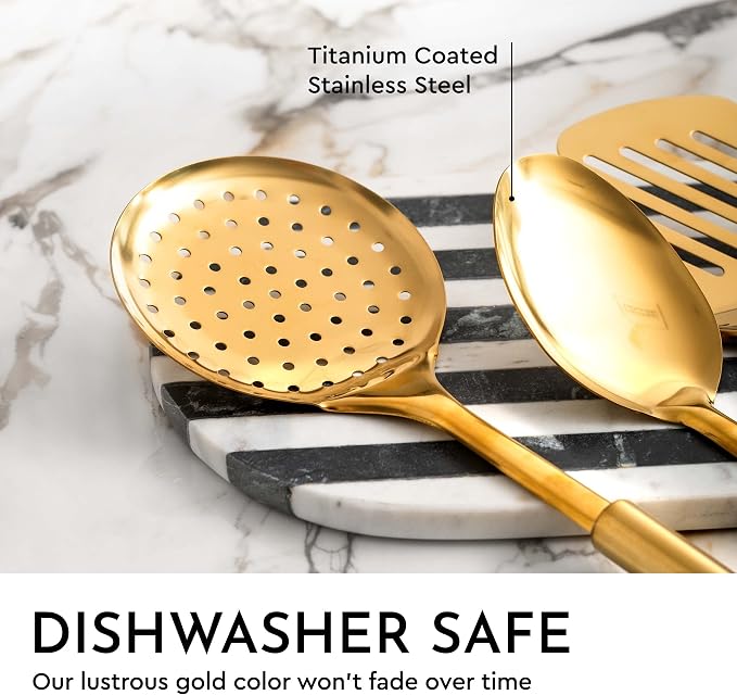 Gold Kitchen Utensils Set – 5-Piece Stainless Steel Kitchen Tools for Modern Cooking and Serving – Dishwasher Safe Ladle, Spoon, Spatula, Pasta Fork, Luxury Brass Kitchen Accessories for Home Chefs