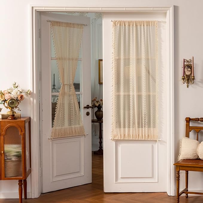 Sutuo Home French Door Curtains for Front Glass Door & Sidelights, Cottagecore Semi Sheer Farmhouse Rustic Tassels Vintage Chic Privacy Bohemian Decor, Rod Pocket 2 Panels 25" W x 72" L Beige