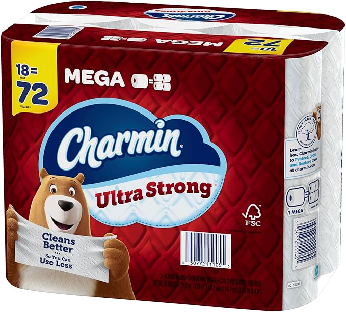 Charmin Ultra Strong Toilet Paper Mega Rolls, 4" x 3-15/16", White, 220 Sheets Per Roll, Pack Of 18 Mega Rolls