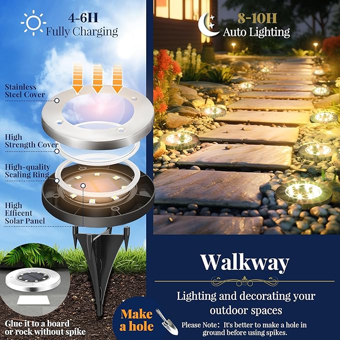 SOLPEX Solar Ground Lights Outdoor, Garden Lights 16 Pack Warm White | IP65 Waterproof Stainless Steel Landscape Lighting for Walkway, Driveway, Pathway, Patio, Backyard Decor