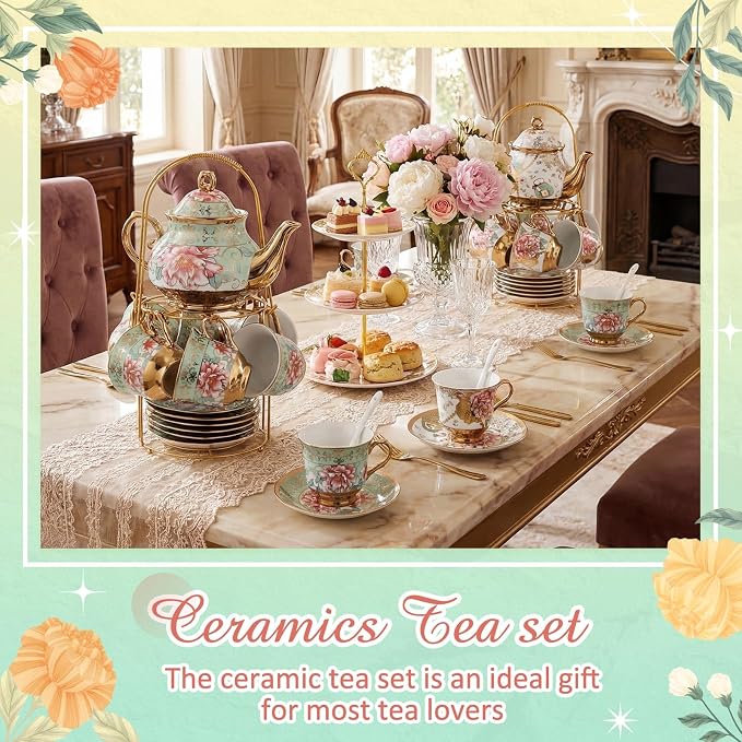 Zhehao 40 Pcs Porcelain Tea Set with Metal Holder and Spoon Adult Ceramic Tea Set European Flower Painting Teapot Cup Saucer Spoon for Women Mom Gift, Large Version (Fresh Style,Bright Style)
