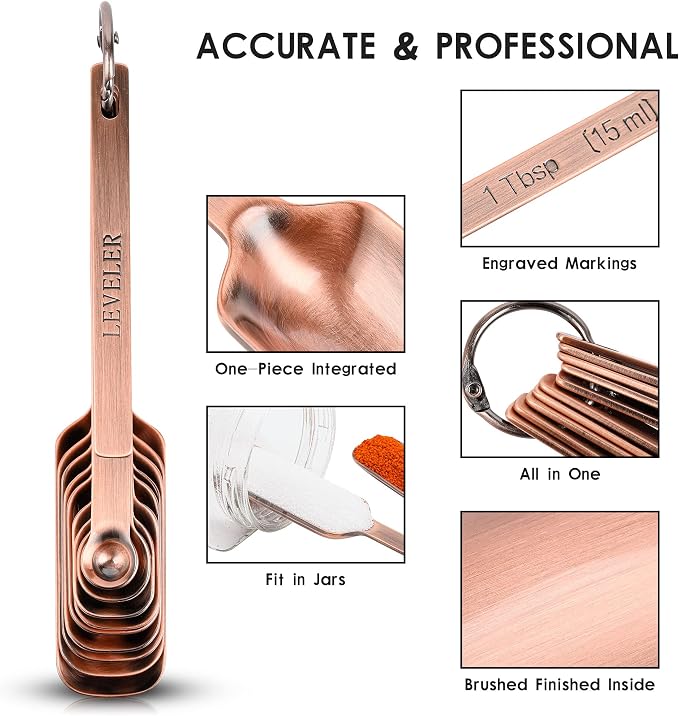 Copper Measuring Cups and Spoons Set, Stainless Steel Measuring Cups and Spoons Set, Metric & US 7 Measure Cup & 9 Long MeasureSpoon,1Leveler & 1Measure Equivalents for Kitchen & Baking