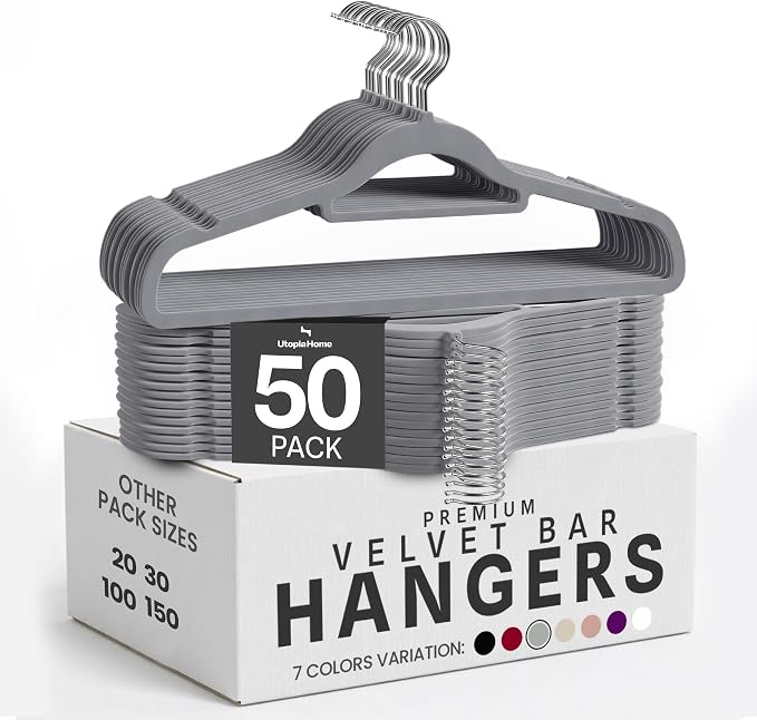 Utopia Home Velvet Hangers 50 Pack – Premium Hangers with Tie Bar - Grey | Non-Slip Slim Clothes & Coat Hangers with Tie Bar, Space-Saving Heavy Duty Design, 360° Swivel Hook