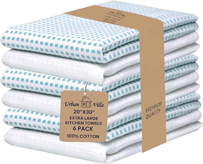 Urban Villa Kitchen Towels Cotton Dish Towels 20”x30” (Set of 6) Aqua White